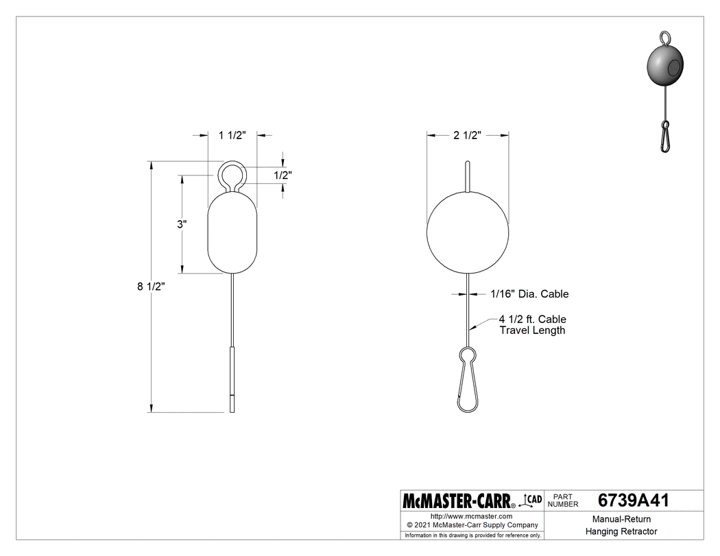 Technical Drawing of Manual-Return Hanging Tool Retractor, 1 to 10 lb. Capacity.